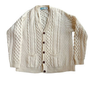 VINTAGE IRISH WOOL CHUNKY CABLE KNIT SWEATER CARDIGAN WITH POCKETS MEN SIZE XL
